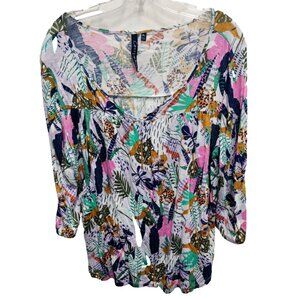 Casey Key Womens Floral Top Petite Large 3/4 Sleeve V Neck BOHO Tropical Cottage